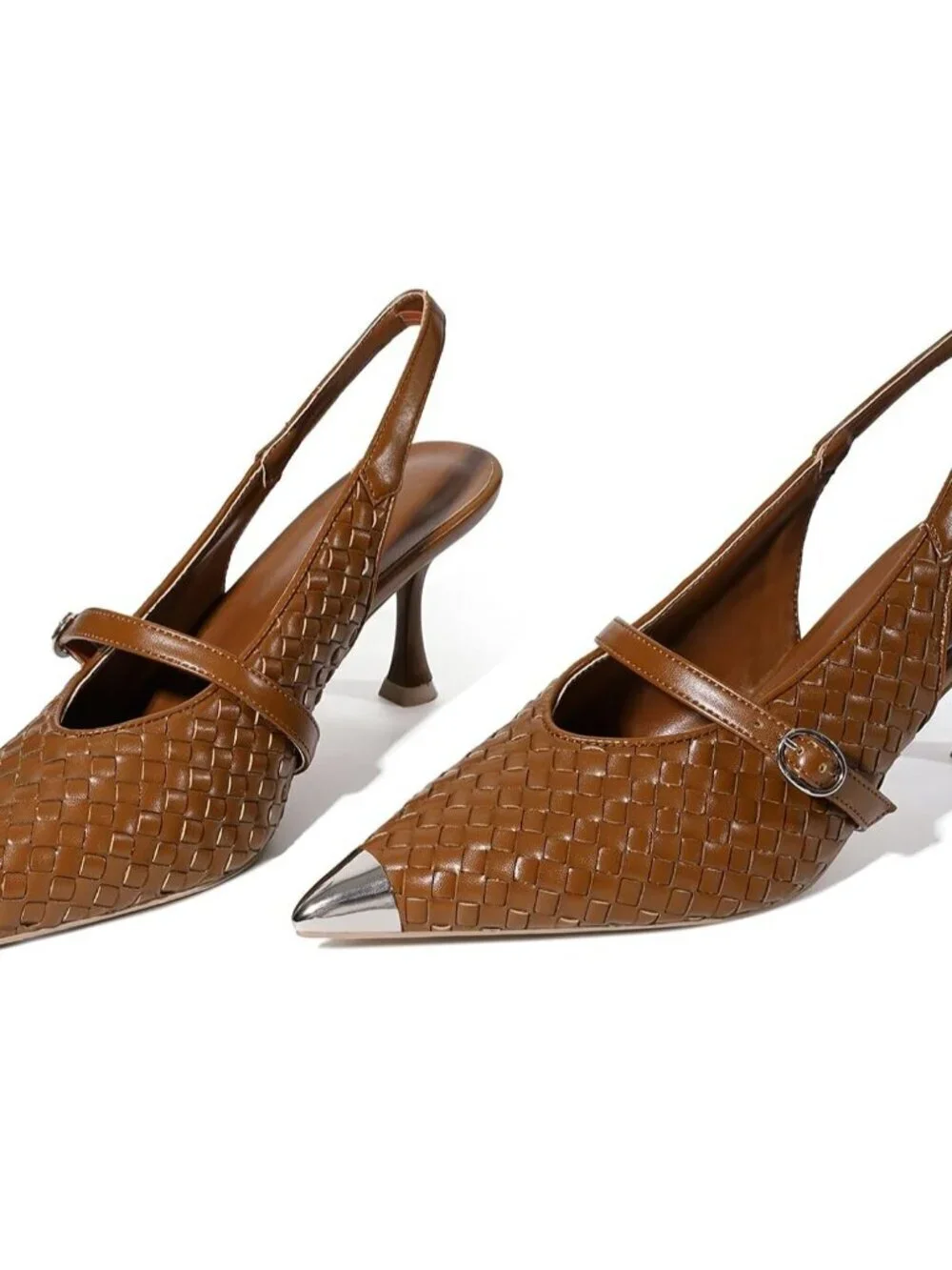 Women's Brown Slingback Stiletto Heels Closed Pointed Toe Buckle Strap Shoes